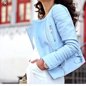 Zara XS blue pastel faux leather moto jacket